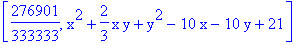 [276901/333333, x^2+2/3*x*y+y^2-10*x-10*y+21]